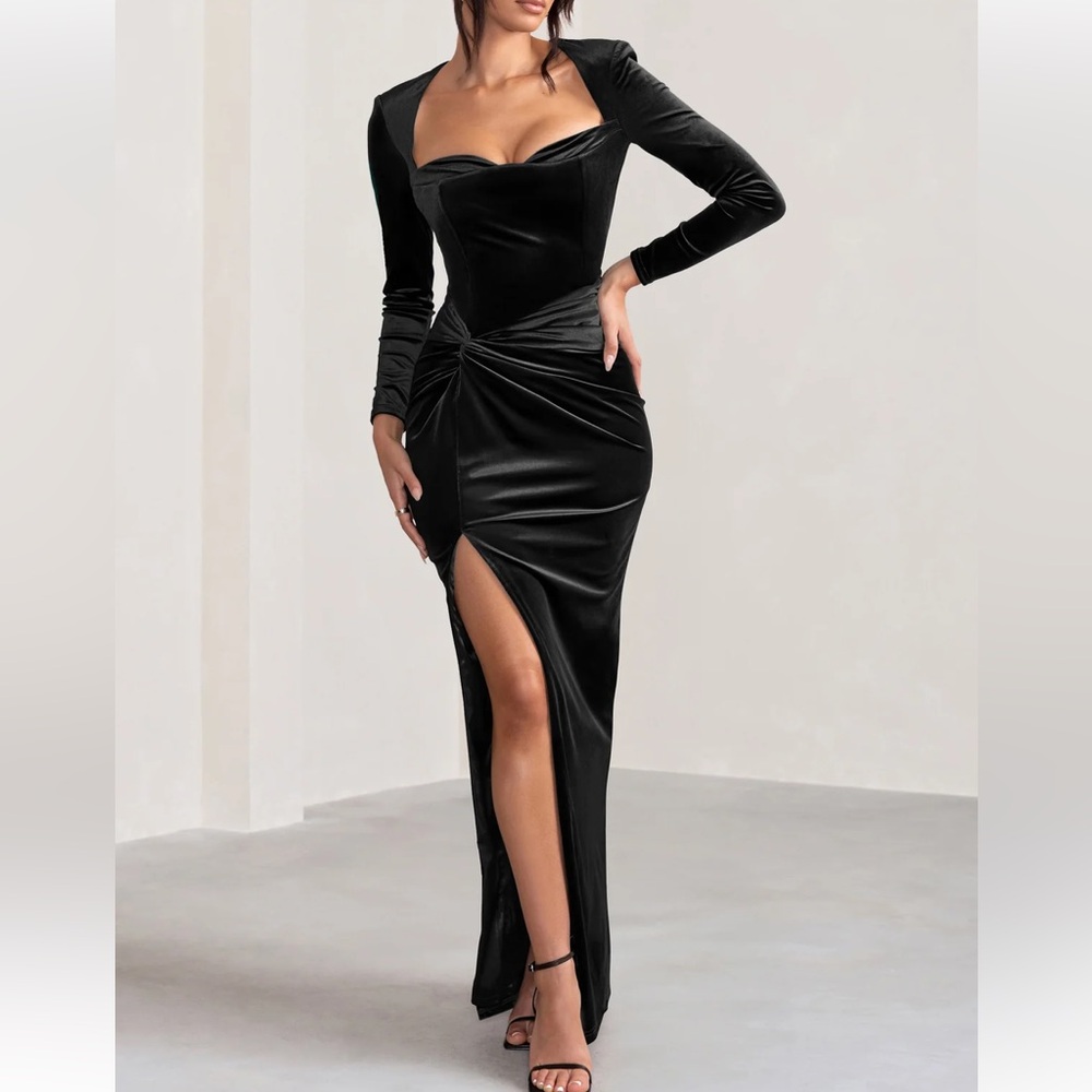 Club L London velvet full length dress with slit